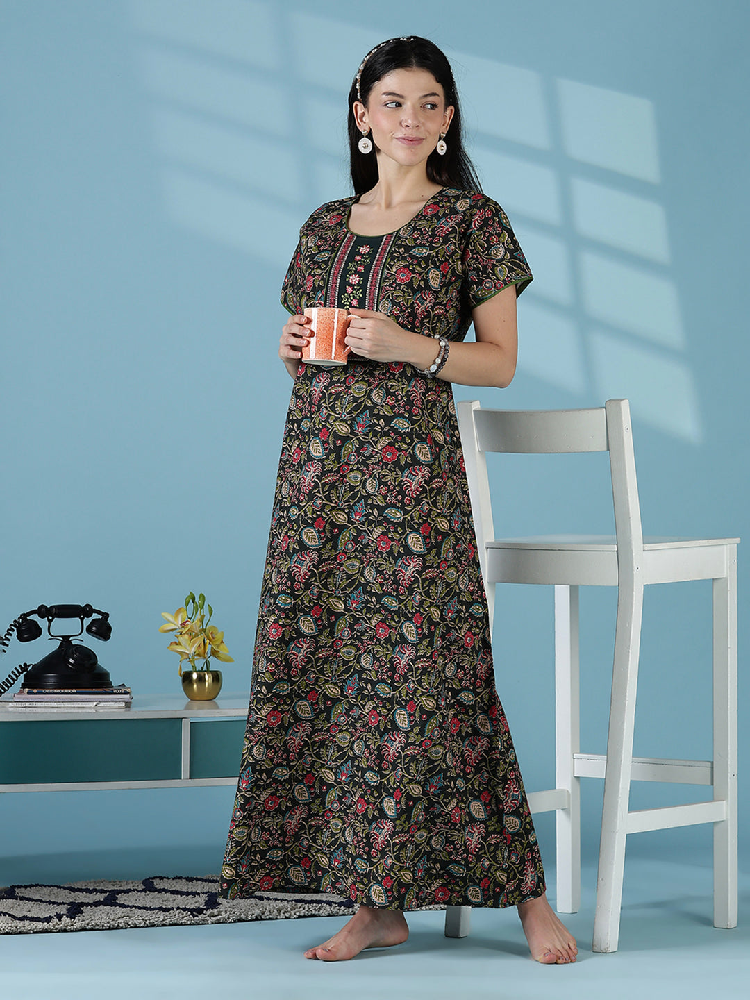 Green Floral Vine Pure Cotton Nighty for Women A Line Comfort