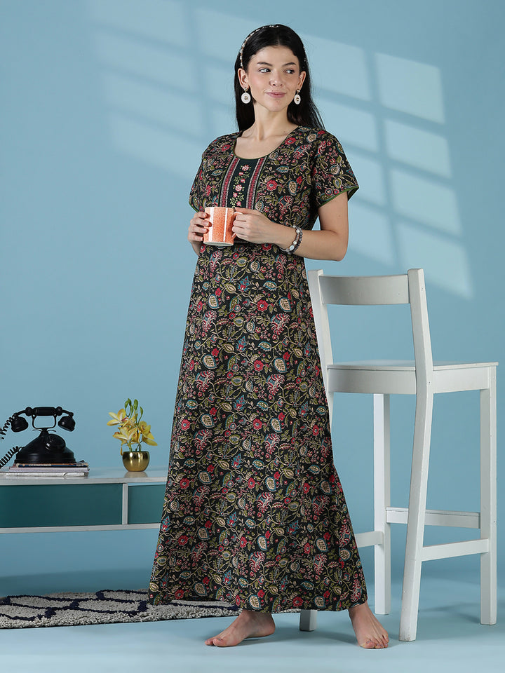Green Floral Vine Pure Cotton Nighty for Women A Line Comfort