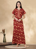 Rust Floral Pure Cotton Nighty for Women with Pocket