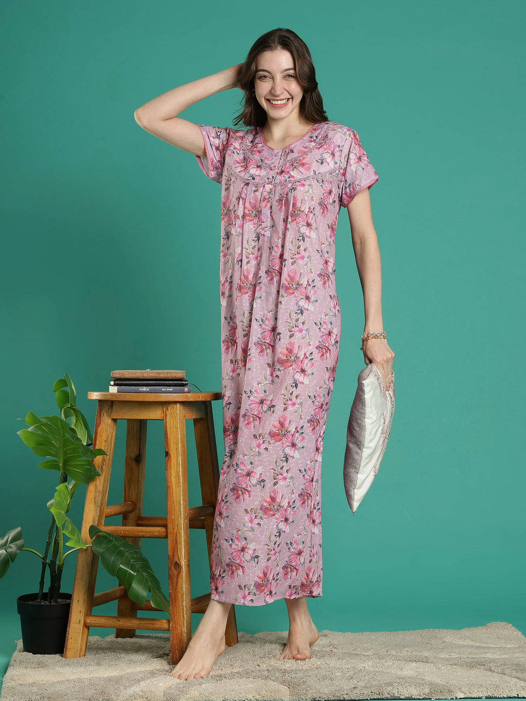 Branded 100% pure cotton pink floral nighty for women