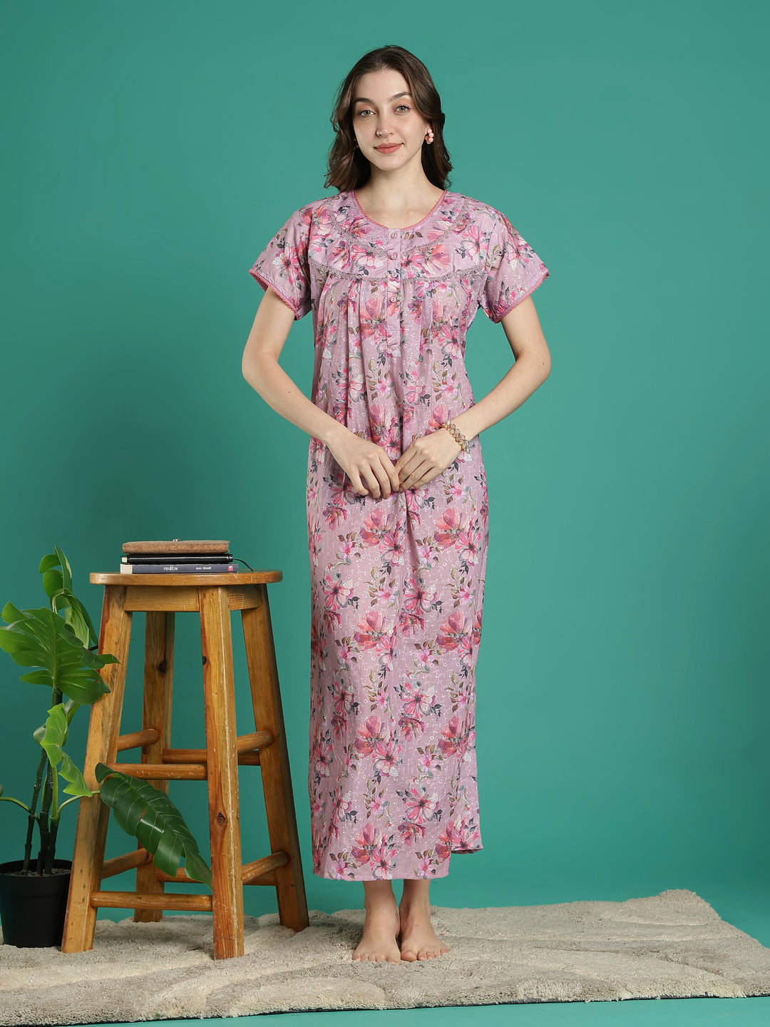 Branded 100% pure cotton pink floral nighty for women