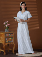 Blue Chikankari Cotton Nighty for Women Breathable A Line Fit