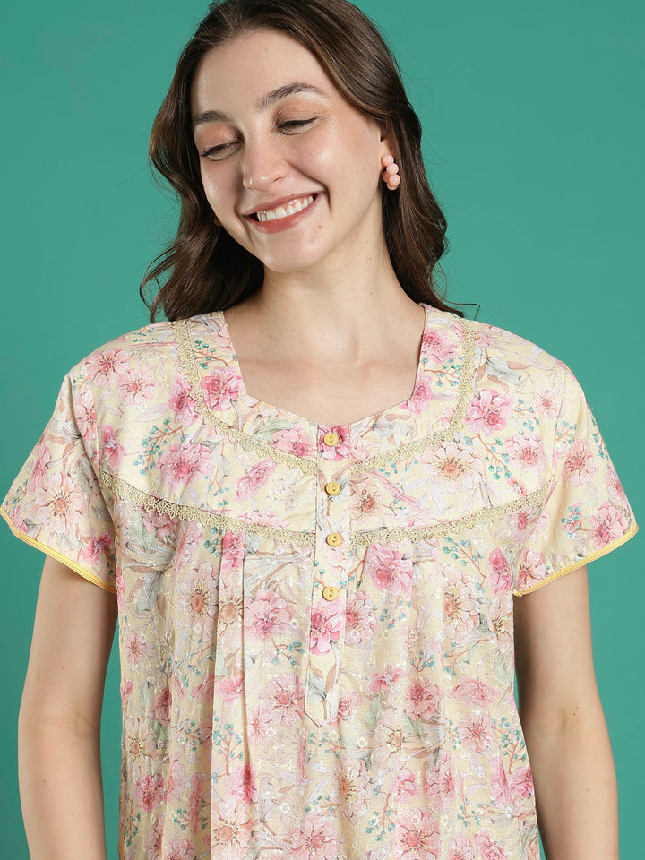 Cream floral 100% pure cotton night dress for women