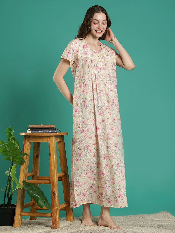 Cream floral 100% pure cotton night dress for women