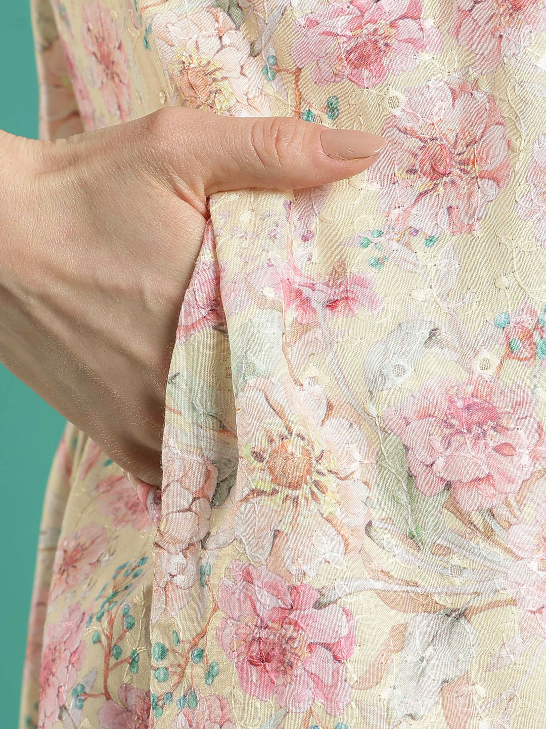 Cream floral 100% pure cotton night dress for women