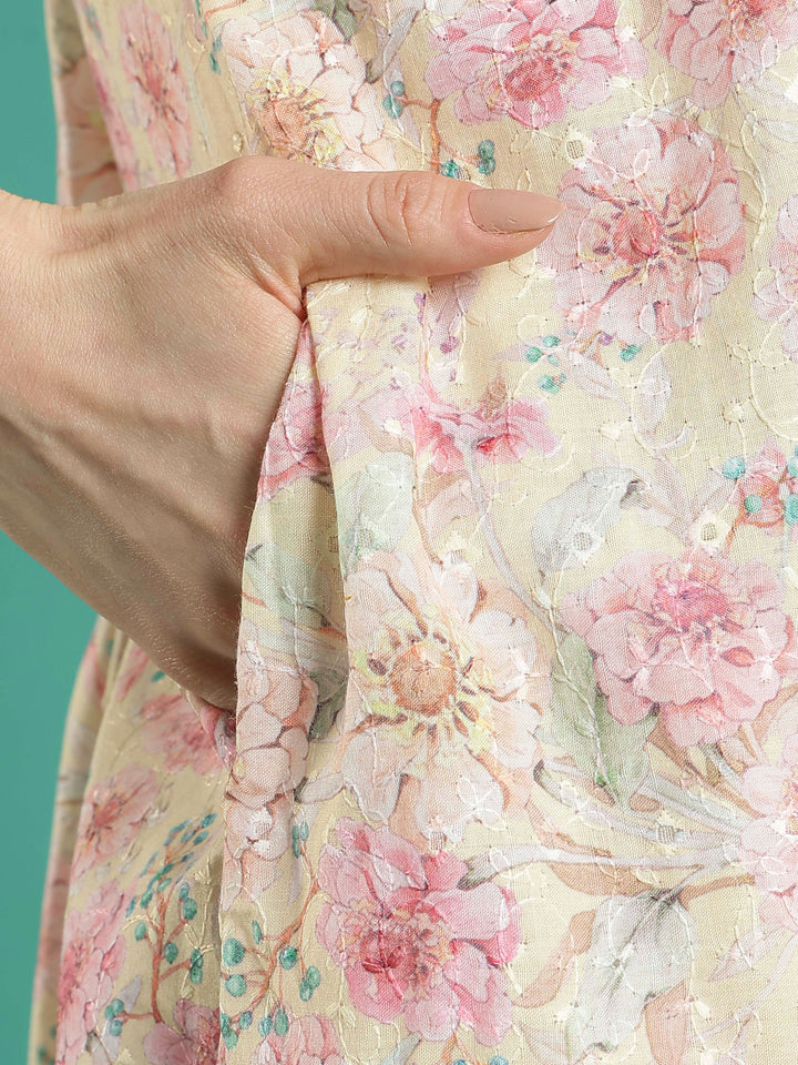 Cream floral 100% pure cotton night dress for women