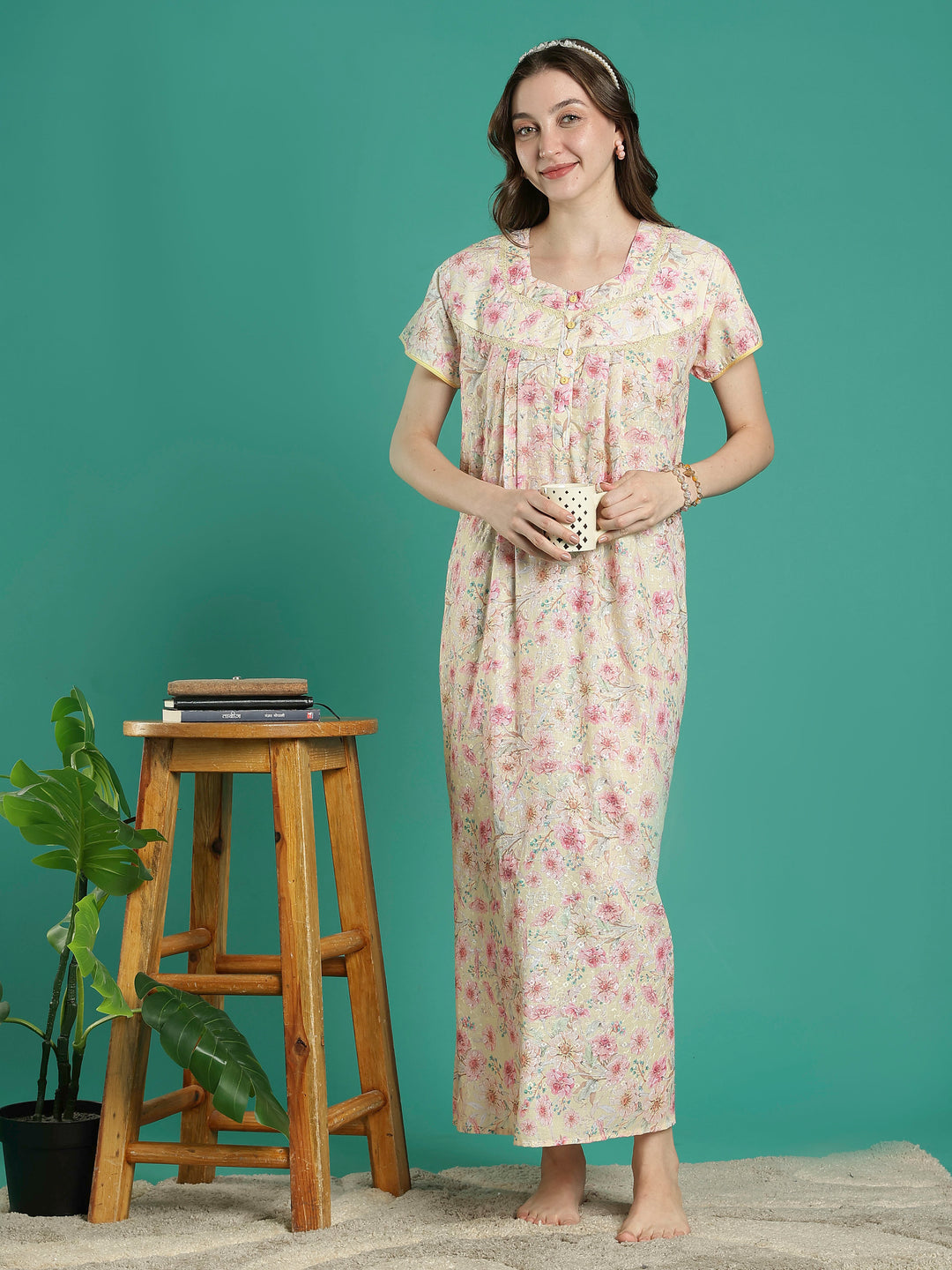 Cream floral 100% pure cotton night dress for women