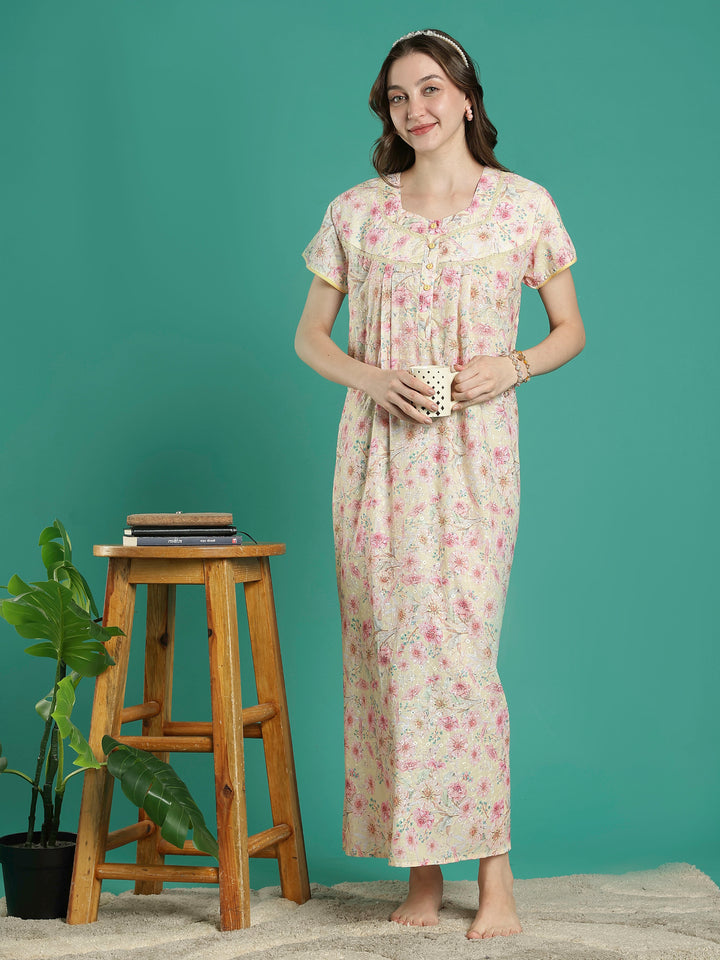 Cream floral 100% pure cotton night dress for women