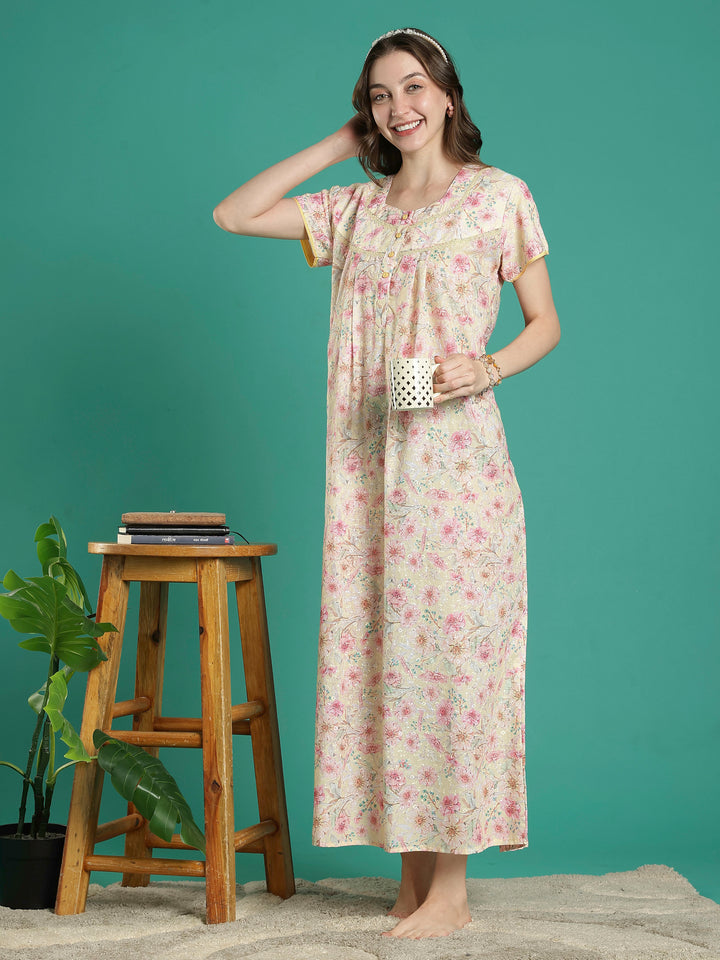 Cream floral 100% pure cotton night dress for women