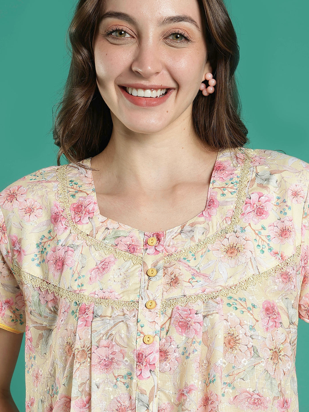 Cream floral 100% pure cotton night dress for women