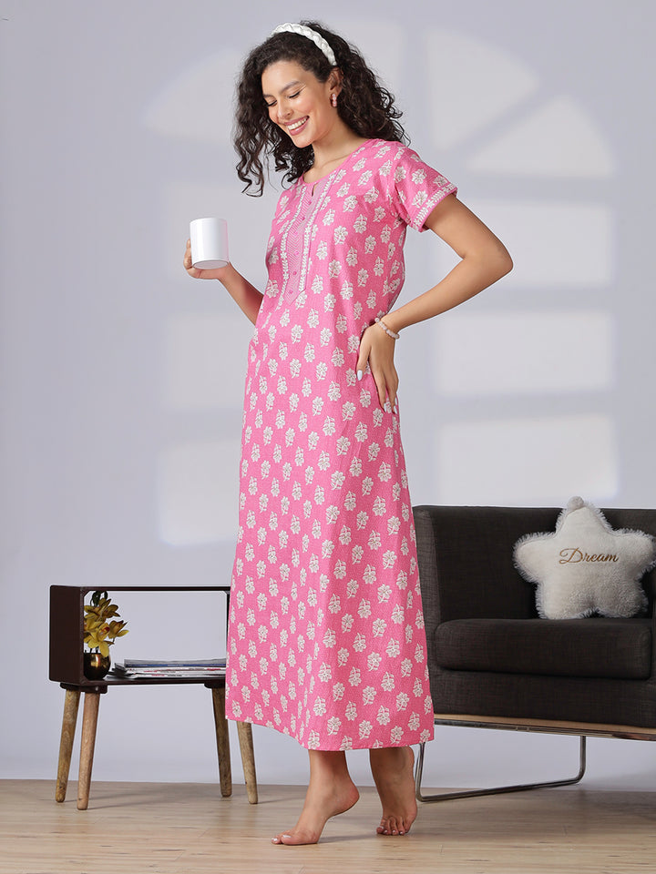 Stylish and branded pure cotton pink nighty for women