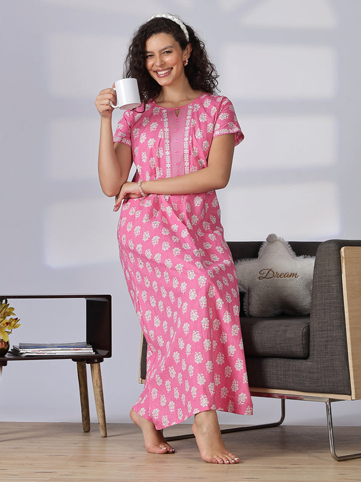Stylish and branded pure cotton pink nighty for women