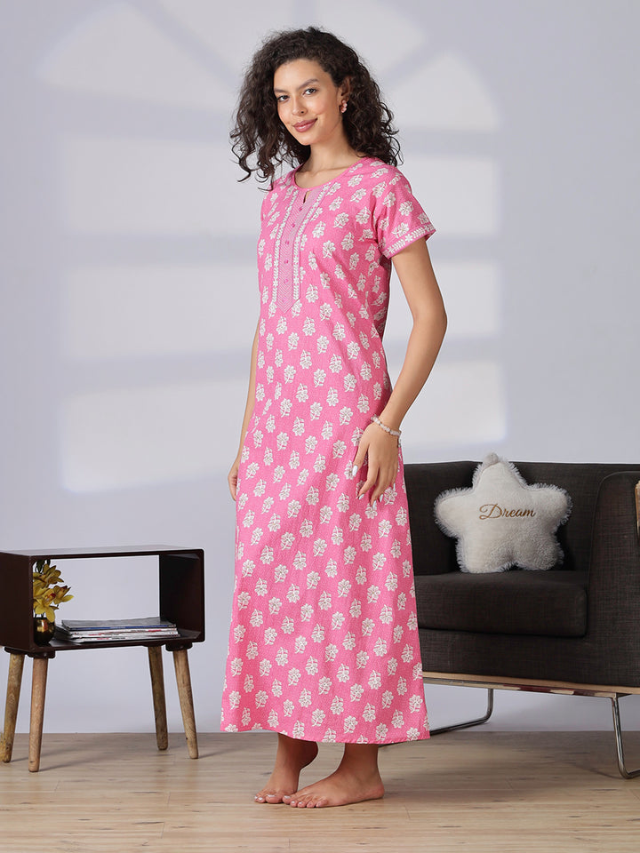 Stylish and branded pure cotton pink nighty for women