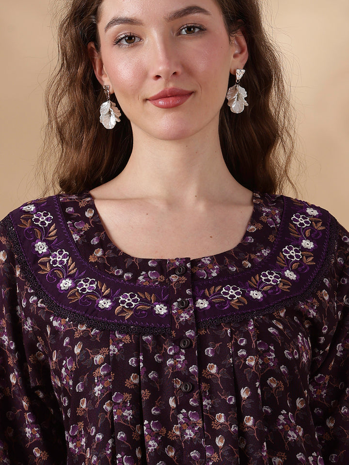 Alpine Floral Purple Embroidery Nighty For Women