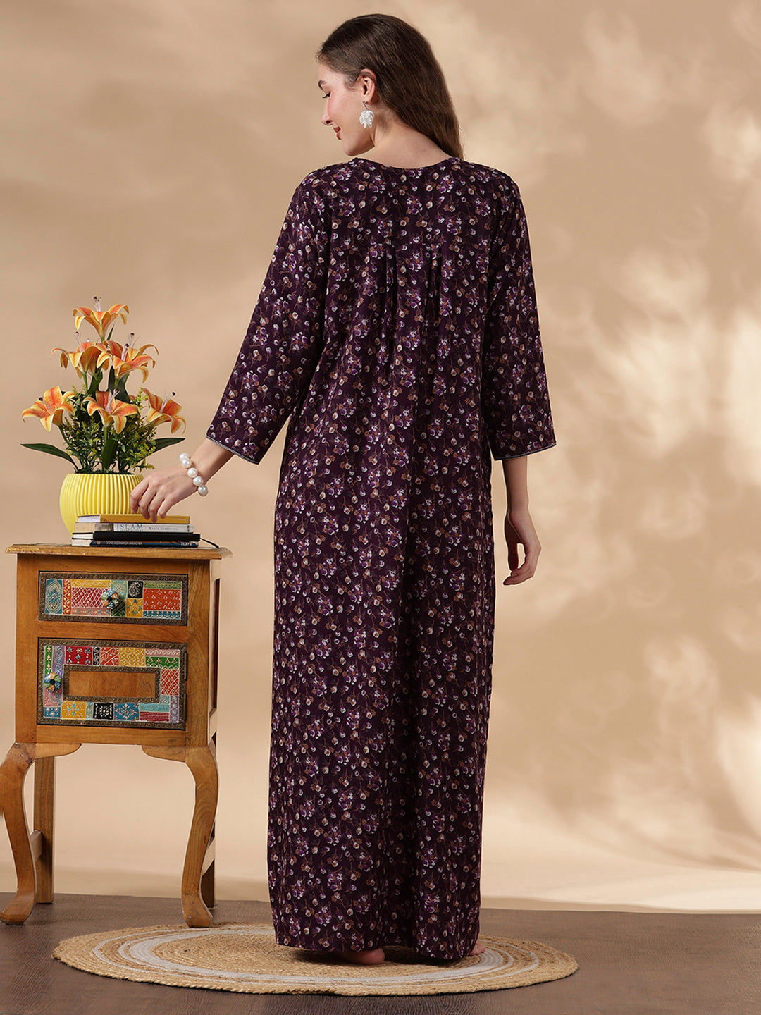 Alpine Floral Purple Embroidery Nighty For Women