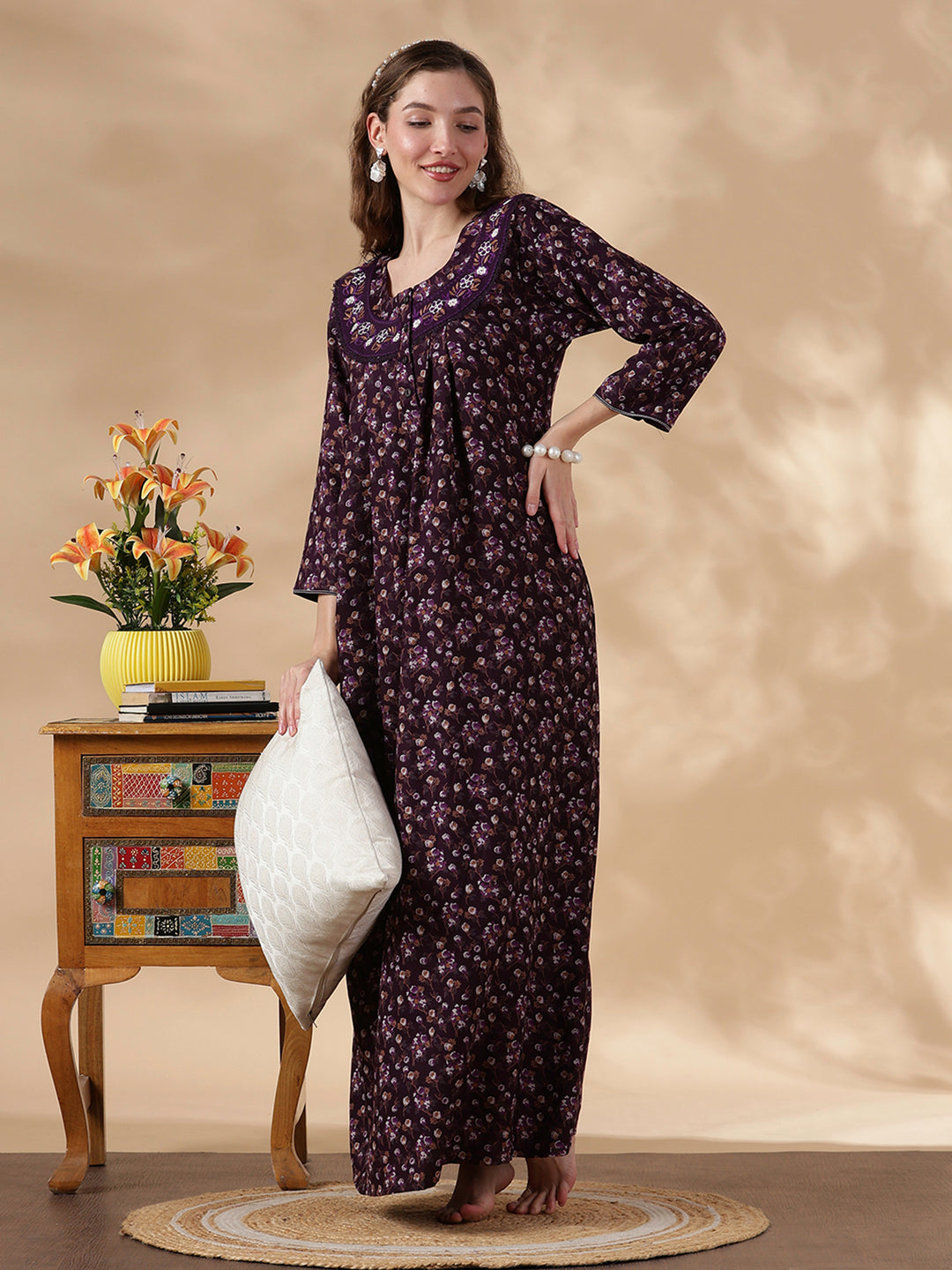 Alpine Floral Purple Embroidery Nighty For Women