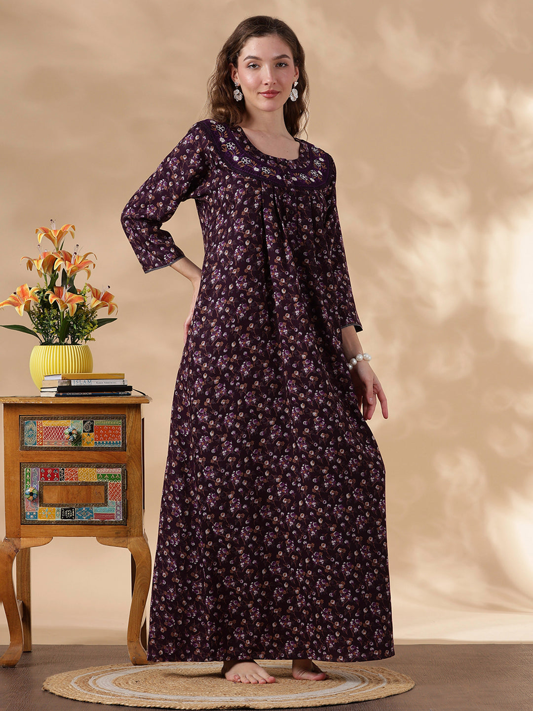 Alpine Floral Purple Embroidery Nighty For Women