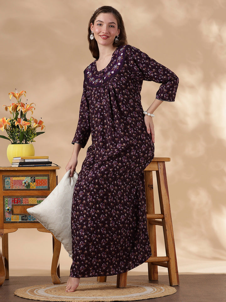 Alpine Floral Purple Embroidery Nighty For Women