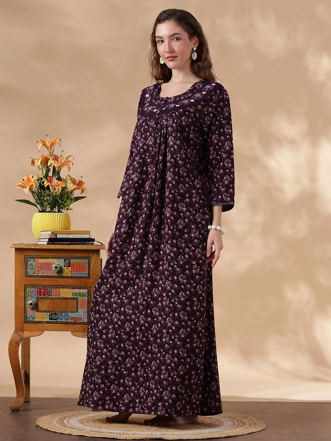 Alpine Floral Purple Embroidery Nighty For Women