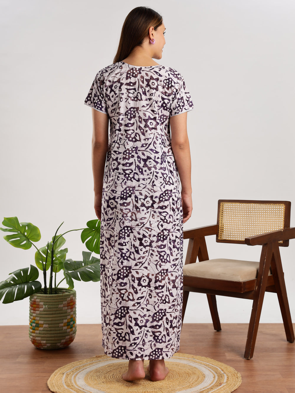 Purple batik print pure cotton nighty for women