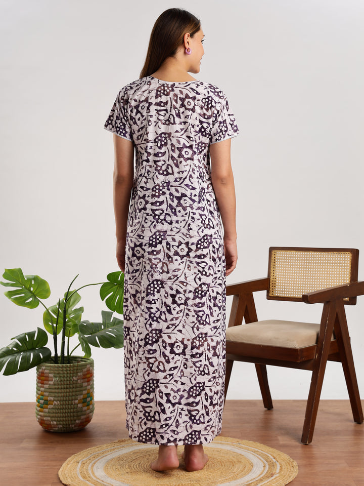 Purple batik print pure cotton nighty for women