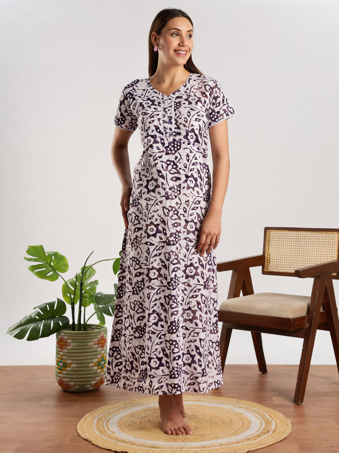 Purple batik print pure cotton nighty for women