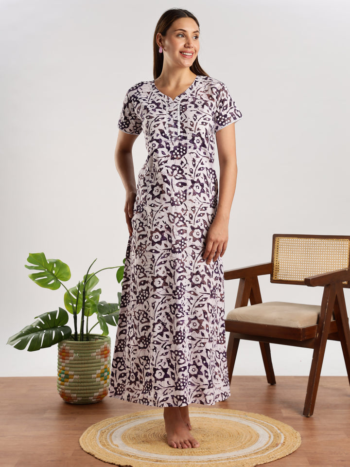 Purple batik print pure cotton nighty for women