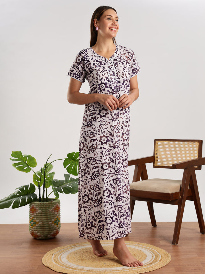 Purple batik print pure cotton nighty for women