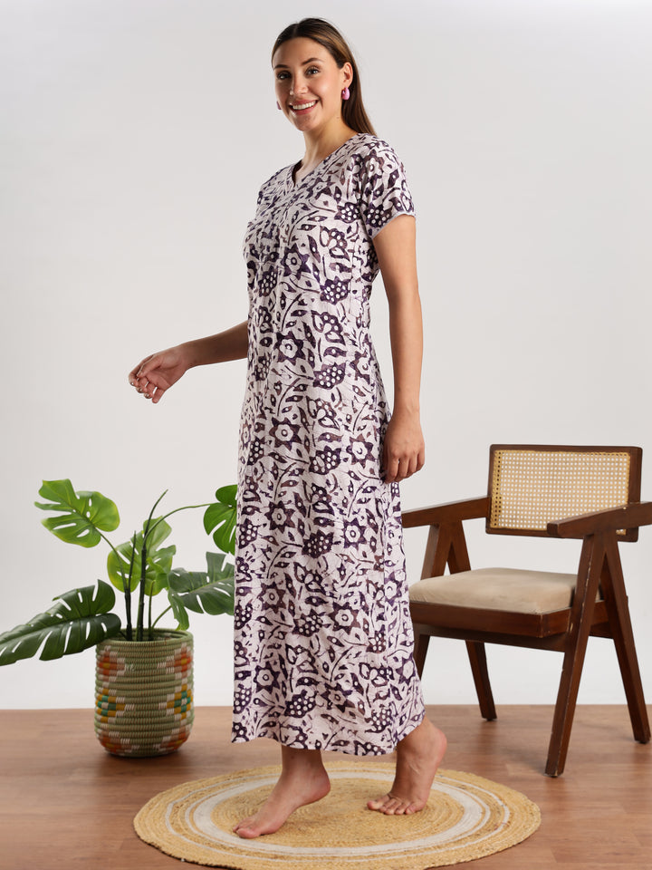 Purple batik print pure cotton nighty for women