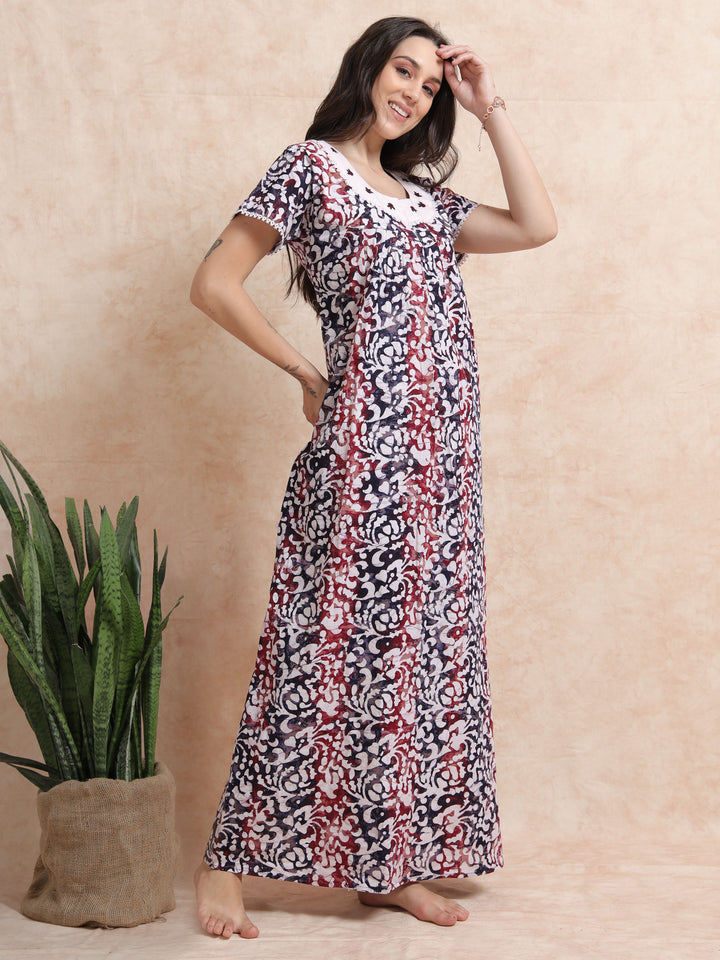 purple blue batik print pure cotton nighty for women