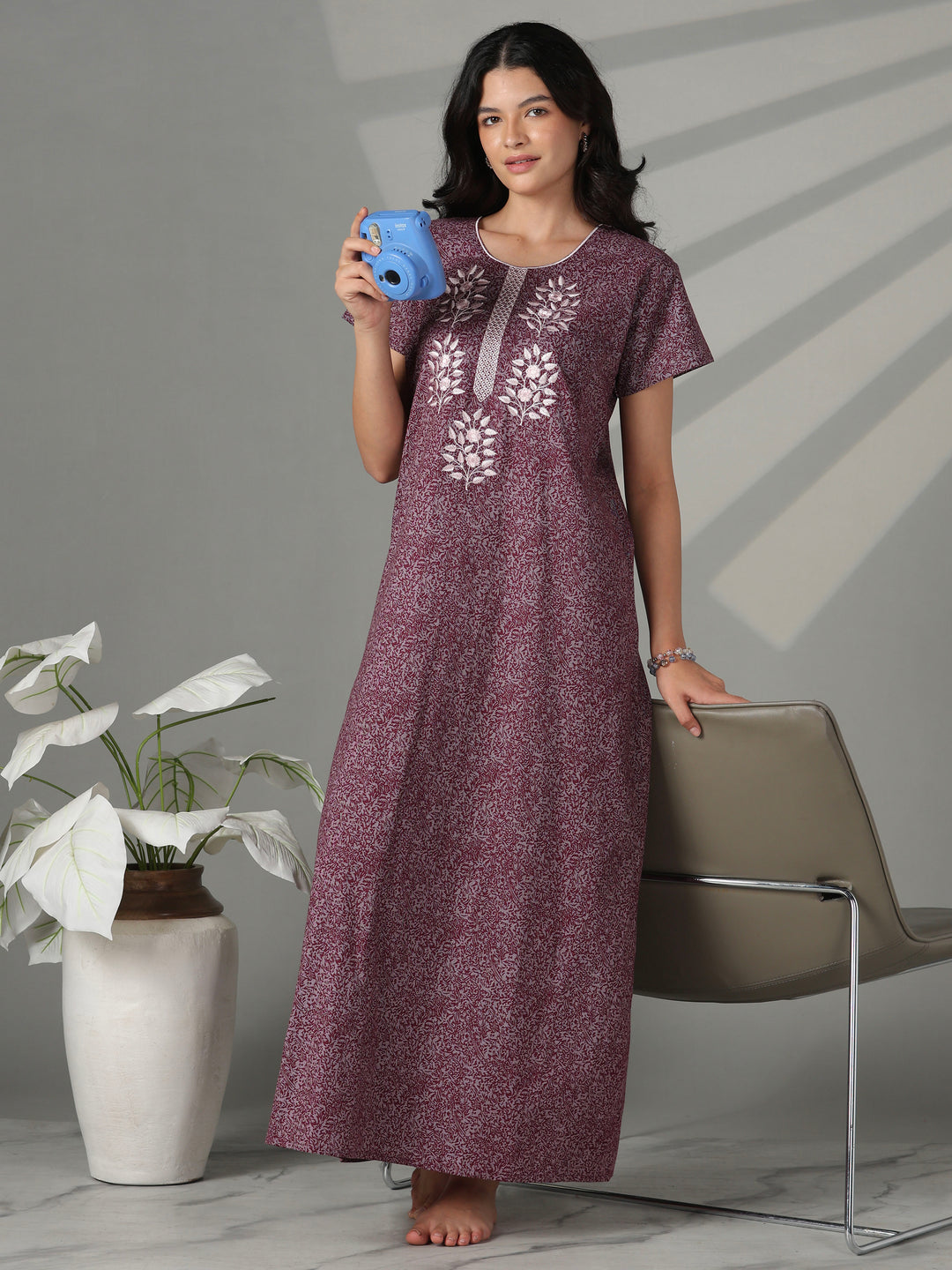 Purple floral embroidered cotton nighty for women online