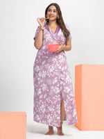 Elegant Purple Leaf Print House Coat in Soft Poly Viscose