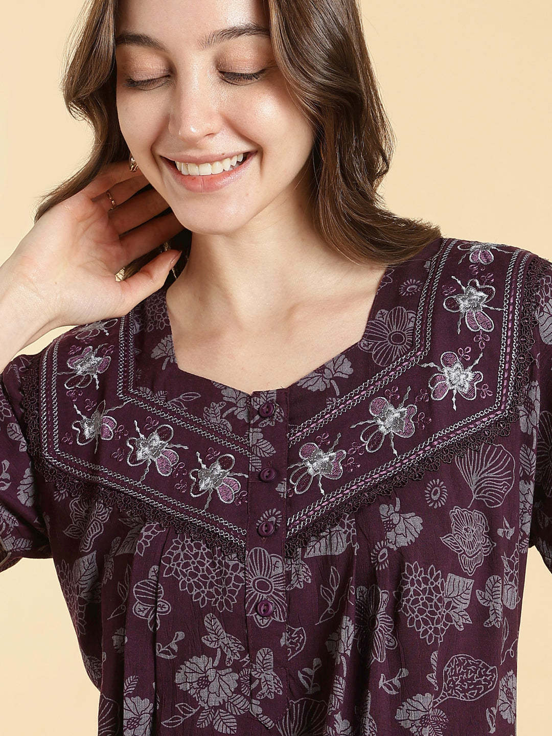 Crush Cotton Designer Floral Nighty for Women Serene Purple