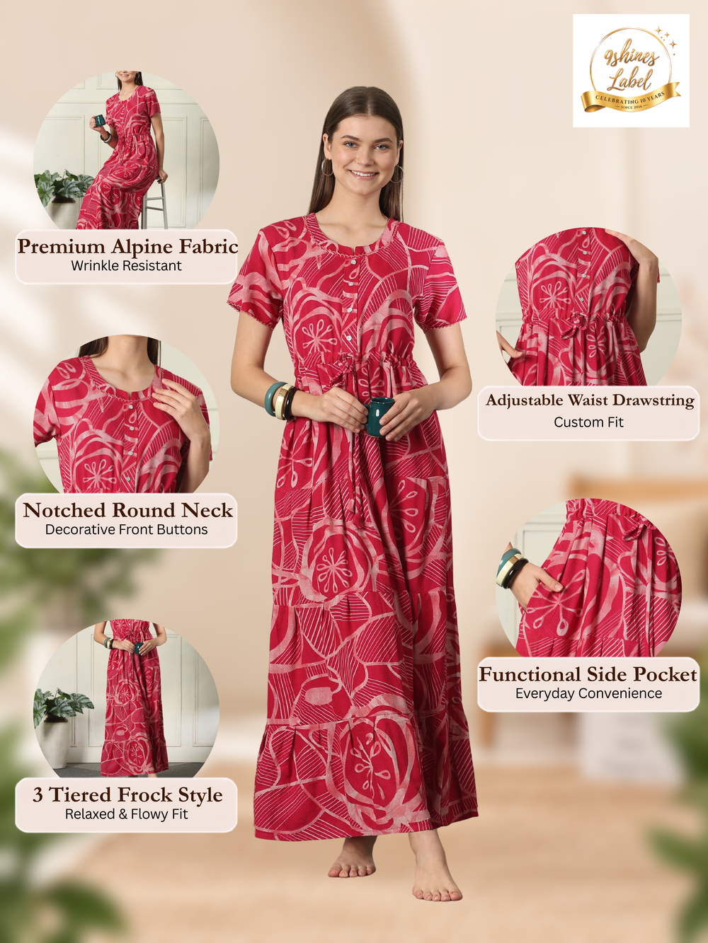 Designer alpine nighty with adjustable waist drawstring