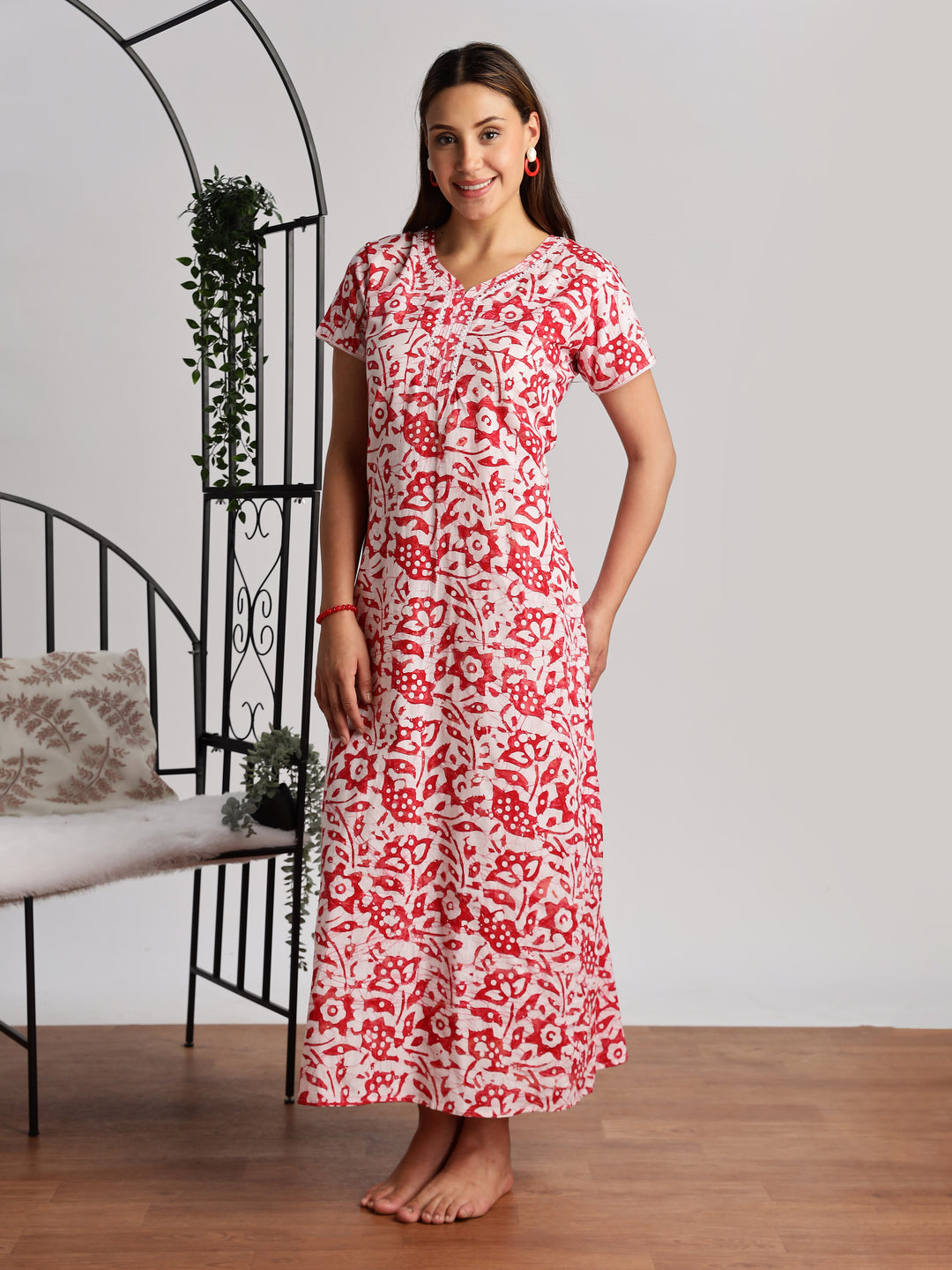 Lavishing red batik print pure cotton nighty for women