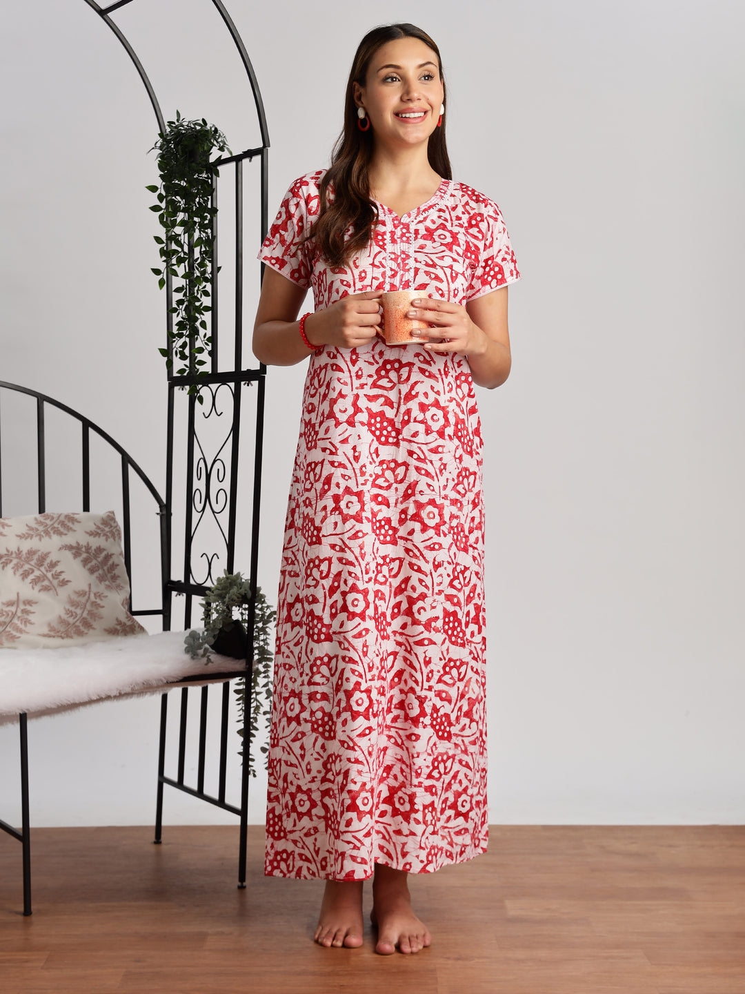 Lavishing red batik print pure cotton nighty for women