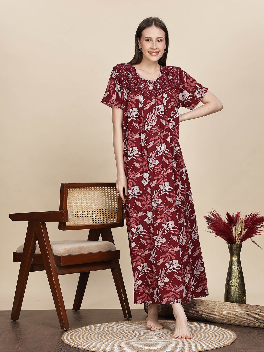 Stylish Embroidered Red Floral Nightdress For Women