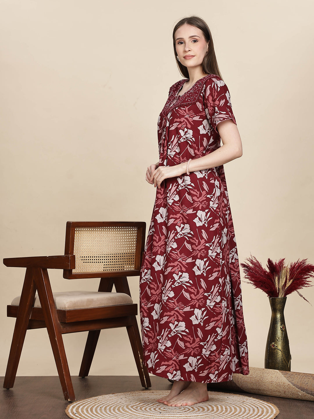 Stylish Embroidered Red Floral Nightdress For Women