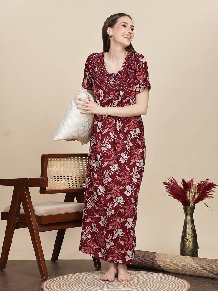 Stylish Embroidered Red Floral Nightdress For Women