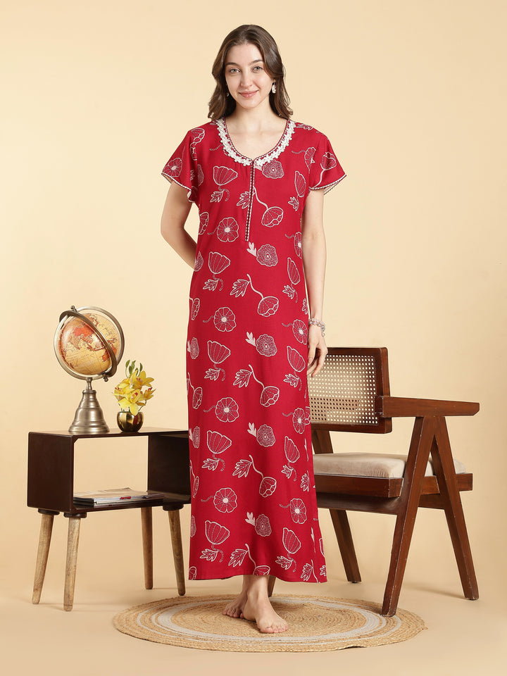 Alpine floral a line daisy red front open nighty for women