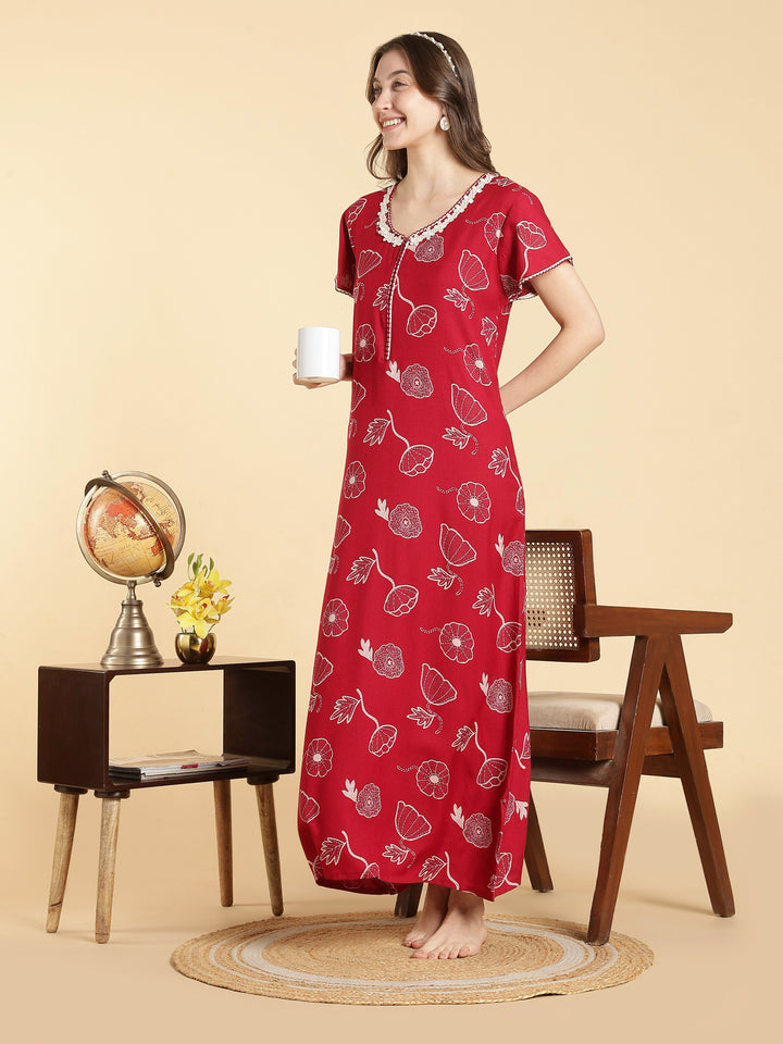 Alpine floral a line daisy red front open nighty for women
