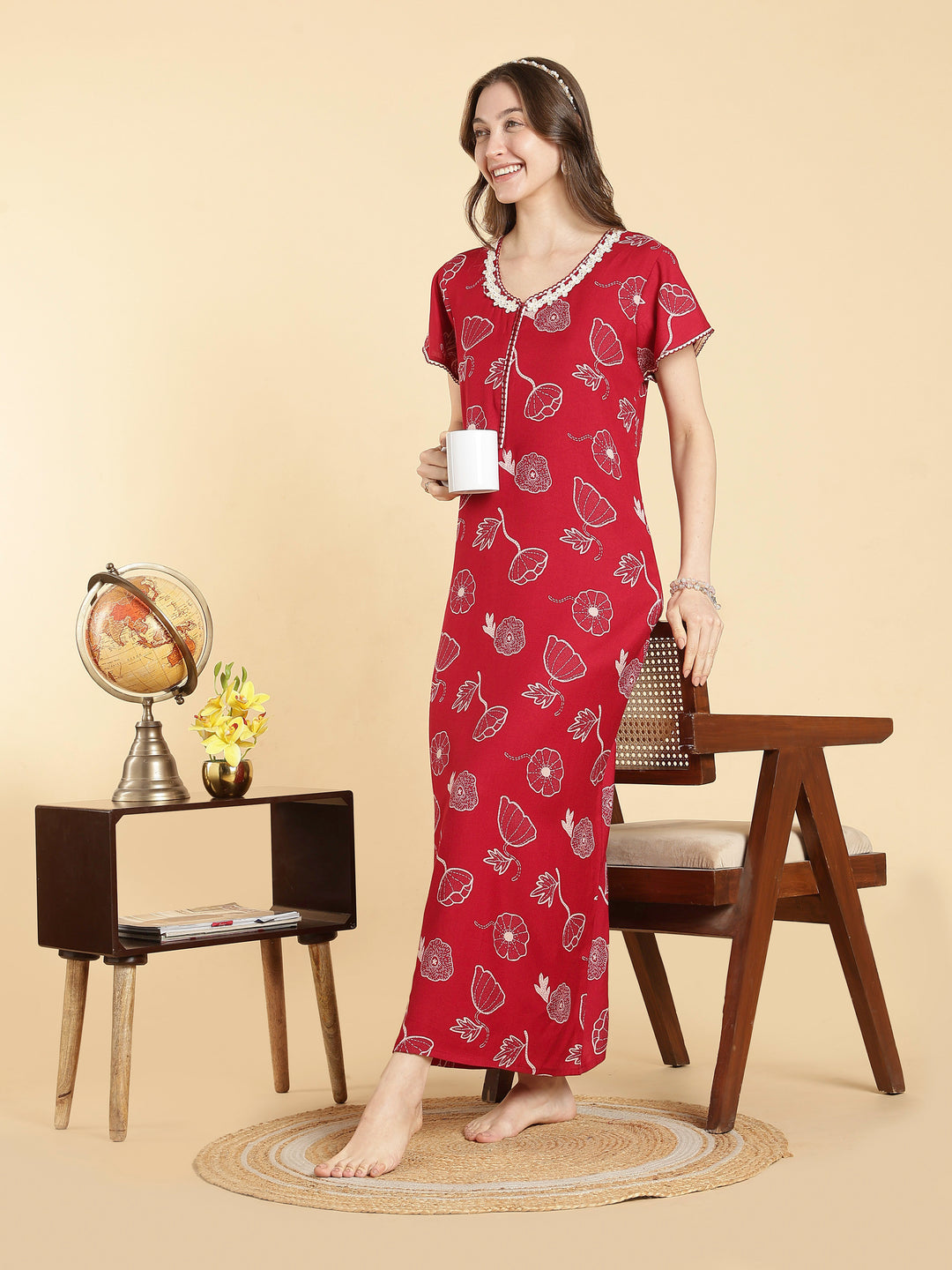 Alpine floral a line daisy red front open nighty for women