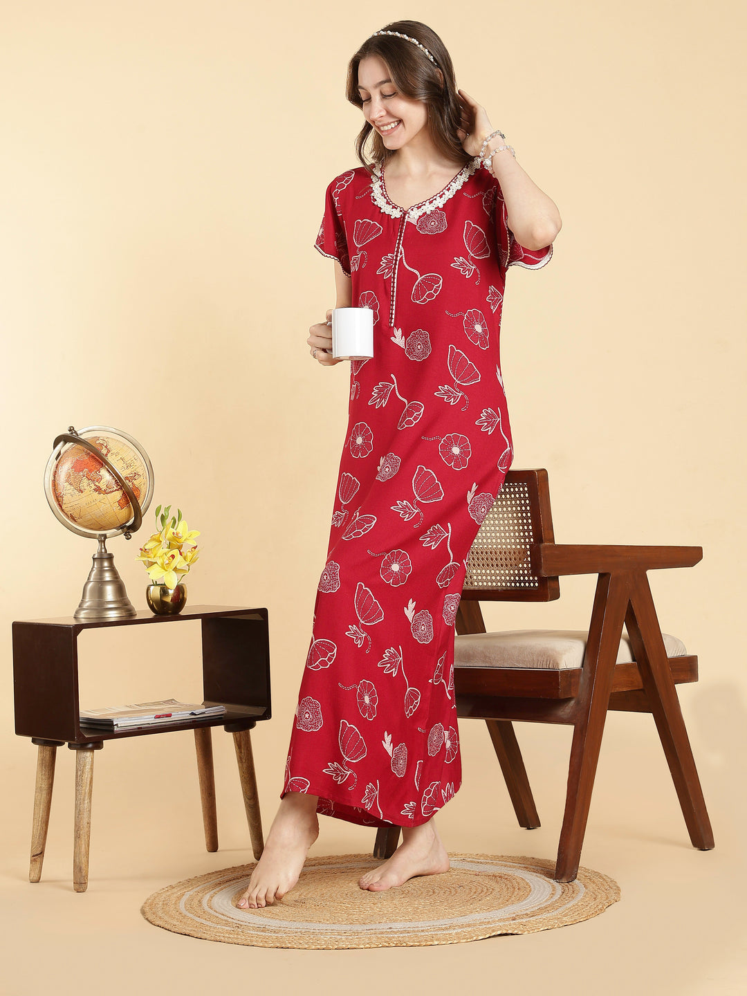 Alpine floral a line daisy red front open nighty for women