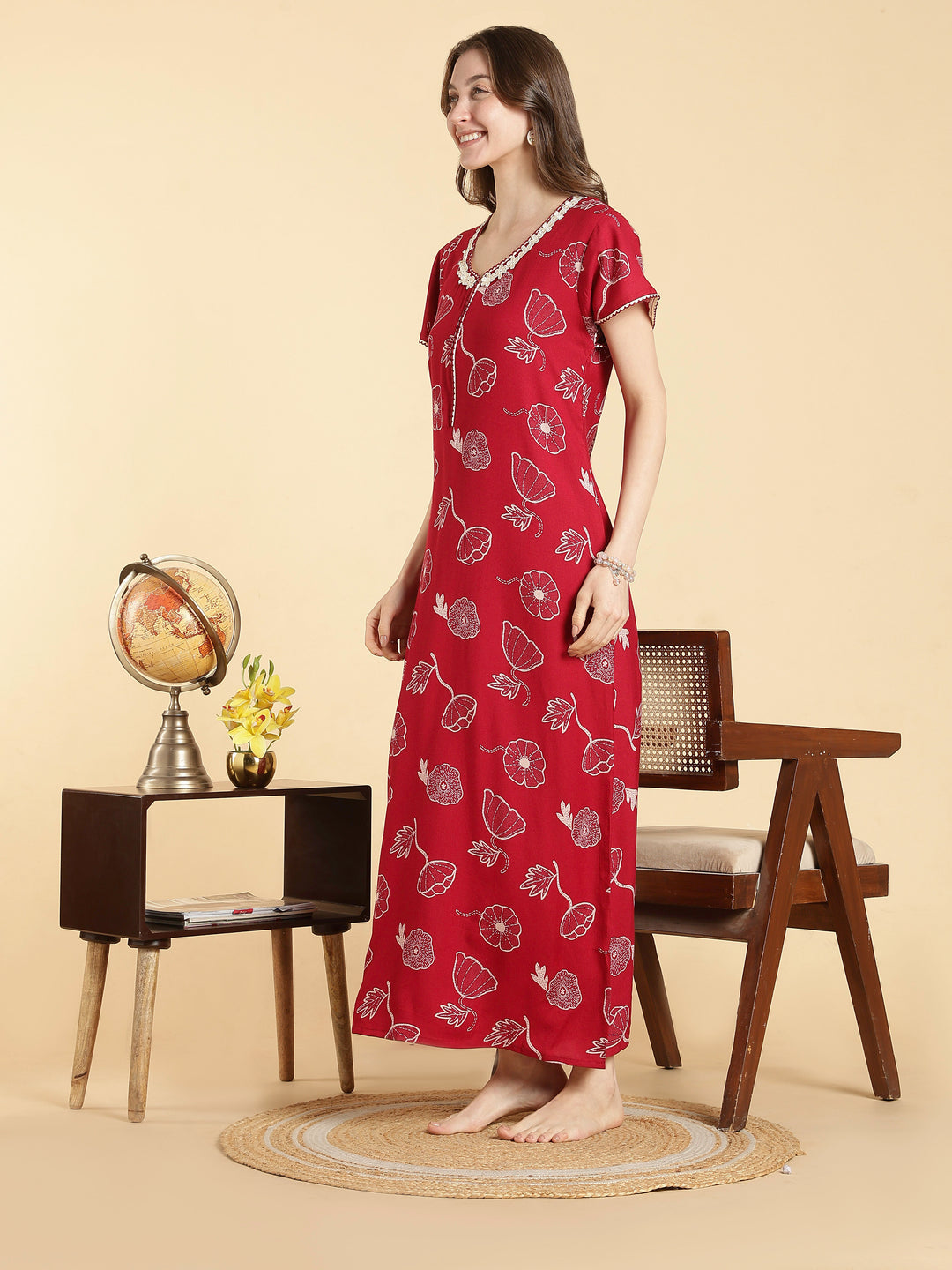 Alpine floral a line daisy red front open nighty for women