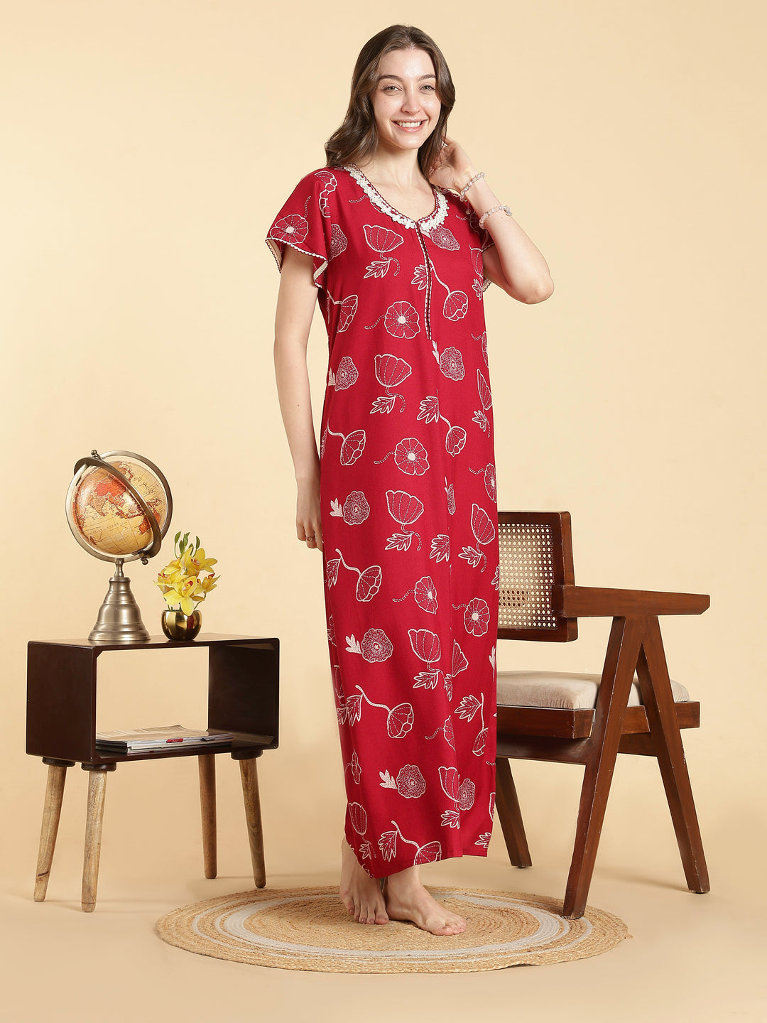 Alpine floral a line daisy red front open nighty for women