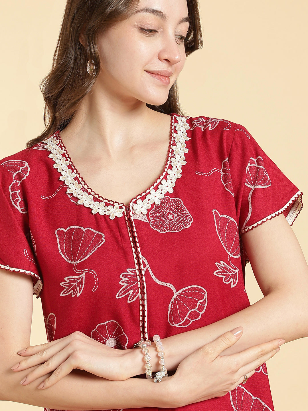 Alpine floral a line daisy red front open nighty for women