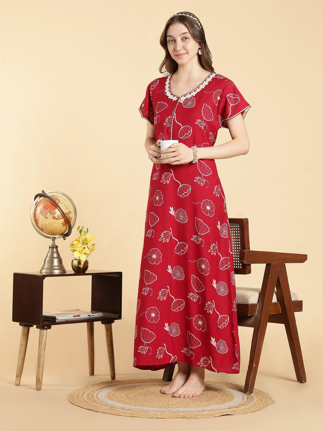 Alpine floral a line daisy red front open nighty for women