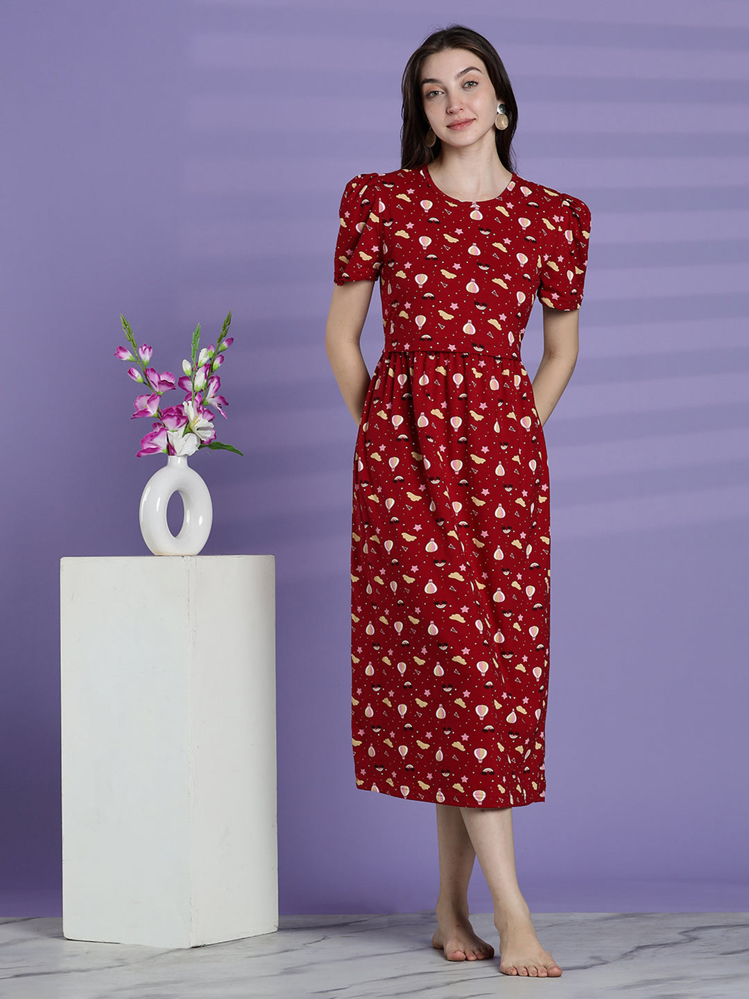Red printed maternity and zipless feeding nighty for women