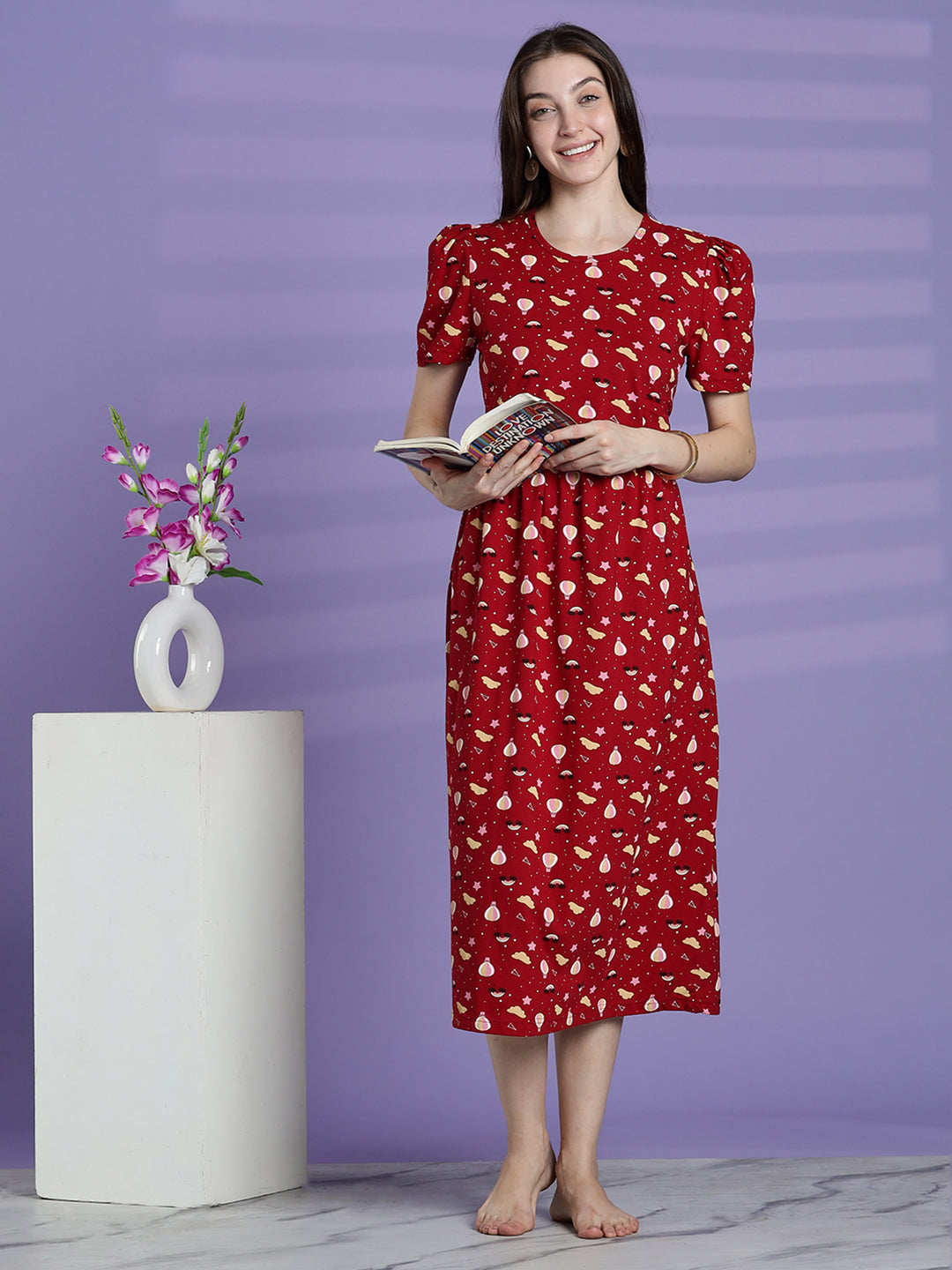 Red printed maternity and zipless feeding nighty for women