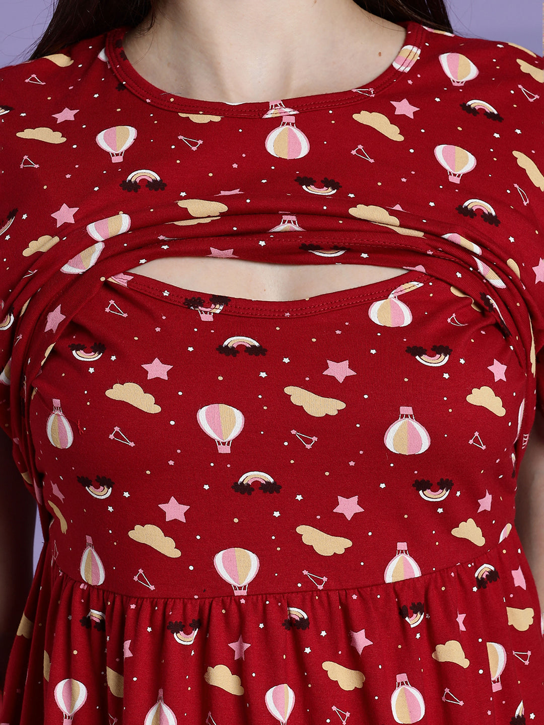 Red printed maternity and zipless feeding nighty for women
